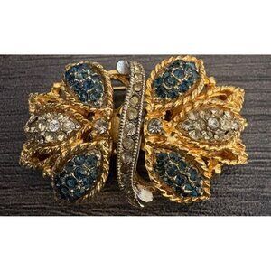 Vintage Gold-Tone Floral Butterfly Brooch With Blue & Clear Rhinestones
